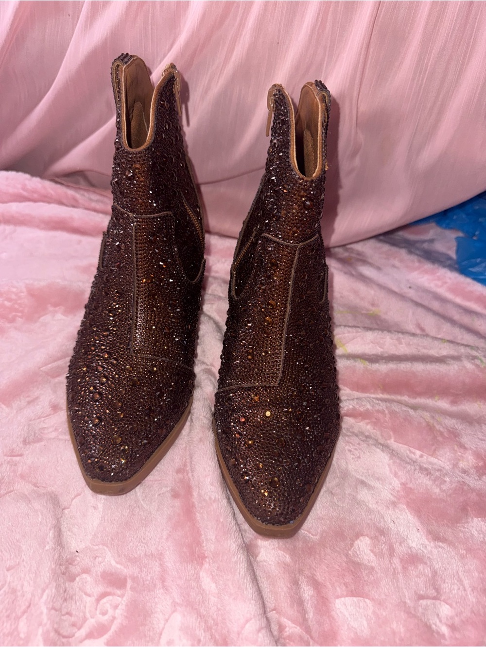 Brown Crystal Embellished Pointed Ankle Booties